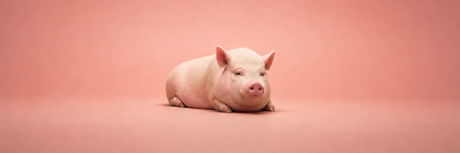 The sow lying down alone at the centre of a wide seamless rose studio sweep