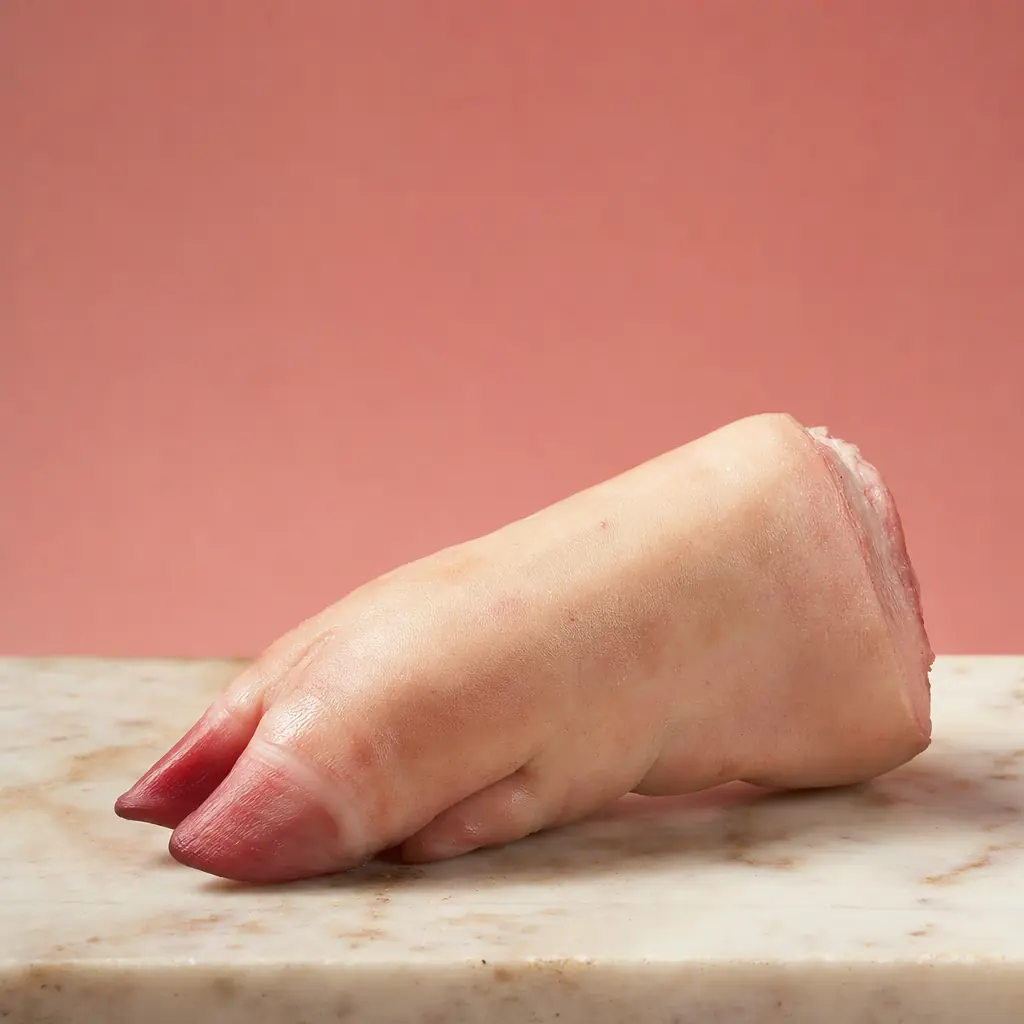 A clean pig trotter resting on a slab of polished cream marble